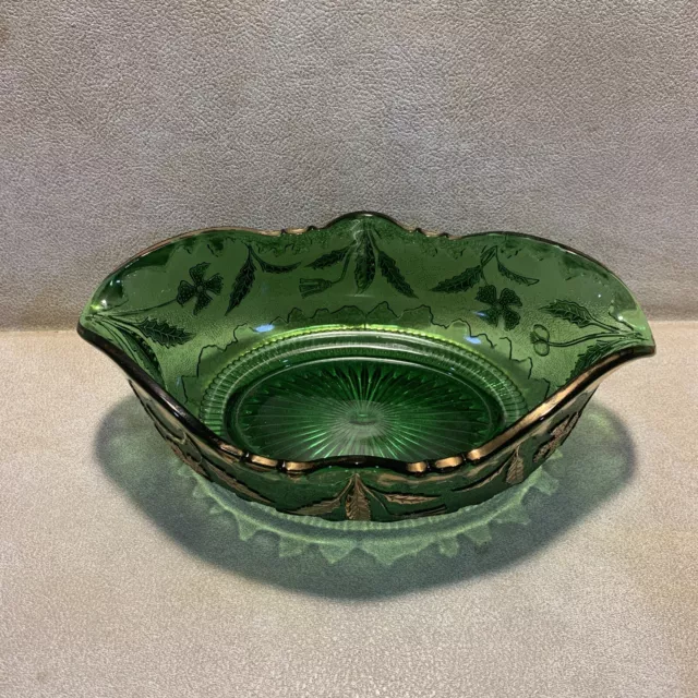 Vintage Emerald Green Depression Glass Bowl with Gold Trim