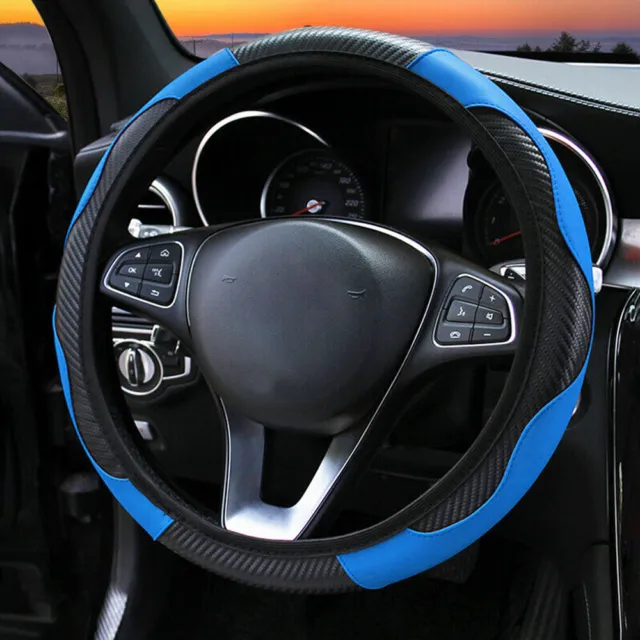 15" Universal Leather Car Steering Wheel Cover Anti-slip Accessories Black&Blue