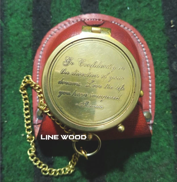 Boussole Poche Laiton Antique - Fonctionnelle Avec Étuie Cuir - Style Steampunk Et Gravable - Pour Randonnée