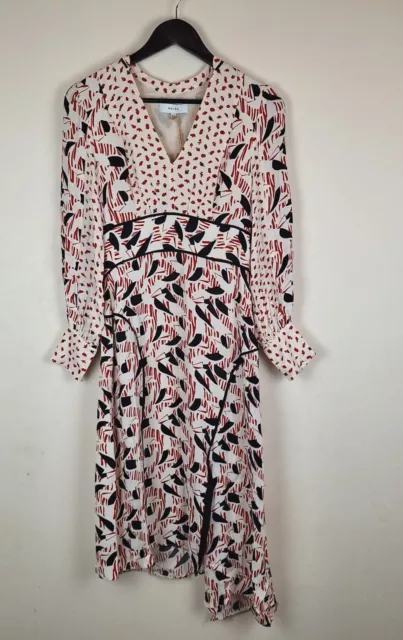 Reiss Emmi Dress Size UK 10 Red & Black Abstract Floral Print Asymmetric Hem