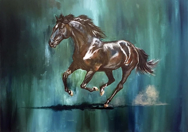 COA Original Art pittura acrilica su tela cavallo vintage equestre 28"x20"