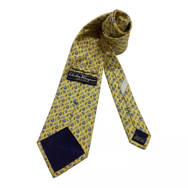 SALVATORE FERRAGAMO Yellow Leaf Print Luxury Silk Tie Italy W:3.8" EX COND 2