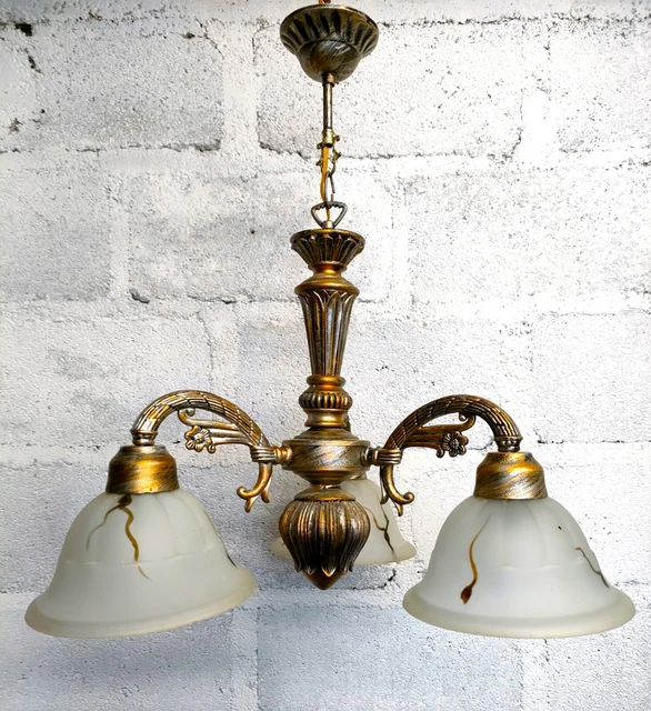 Lustre plafonnier ancien en cristal, style empire, métal doré patiné - susp