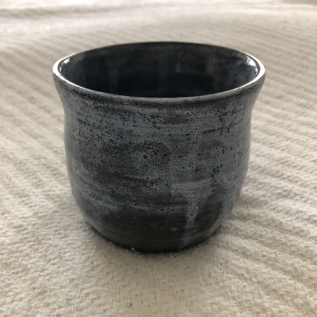 handmade blue glazed stoneware mug large handle artisan ribbed signed EUC