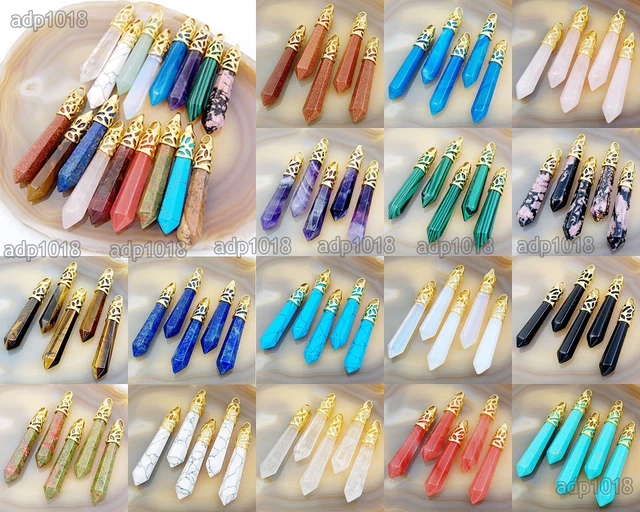 Natural Gemstones Long Hexagonal Pointed Reiki Chakra Gold Pendant Healing