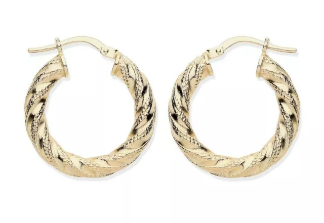 9ct Gold on Silver Creole Hoop Earrings - Diamond Cut Finish - 23mm