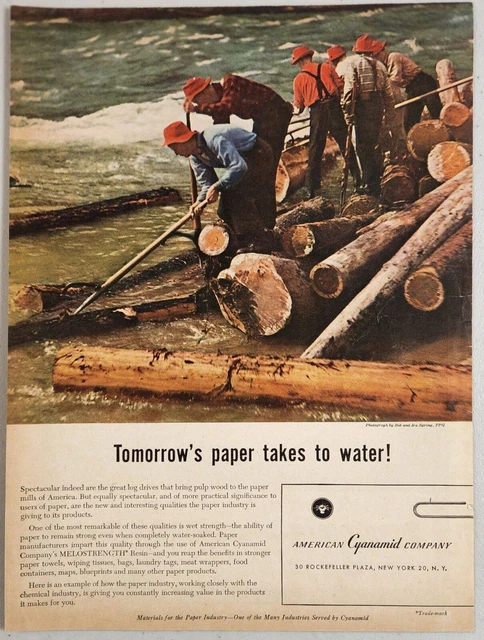 1950's Print Ad American Cyanamid Co. Log Rollers in River Pulp Wood to Market