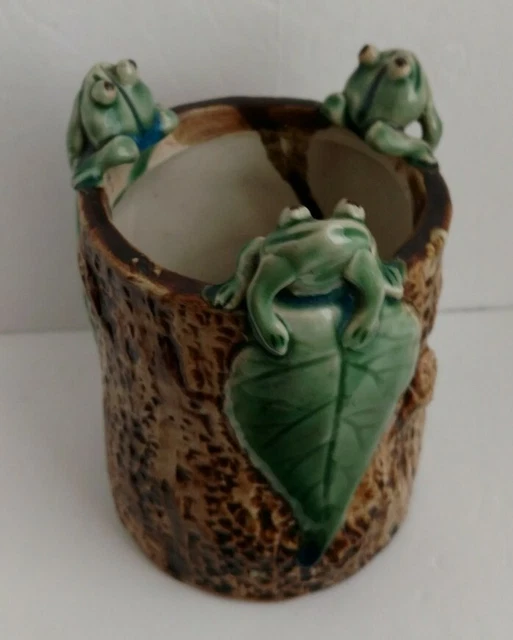 Vintage Ceramic Glazed Succulent Planter Green Frogs on Leaves Brown Tree Trunk