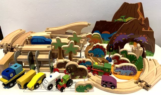 Bigjigs Dinosaur Wooden Train Track Playset Complete + Extra Track Pieces Trains
