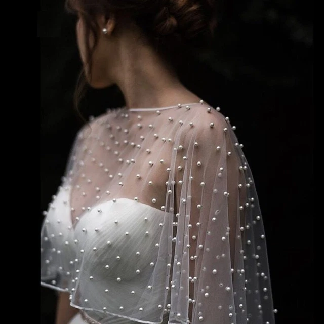 Bolero Sposa Mantello Perle Matrimonio Corto Avanti Lungo Schiena Donna Scialle