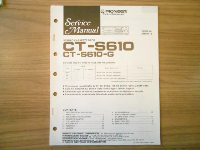 PIONEER CT-S610 STEREO CASSETTE DECK Service Manual Original Genuine