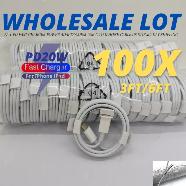 1X 100X Wholesale 20W USB C To iPhone Cable For iPhone 14/13/12/11 PD Fast Cord