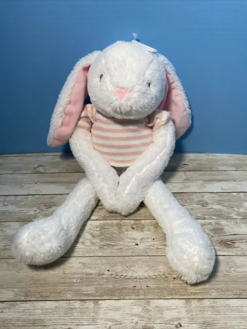 Kellytoy Plush BUNNY Rattle Hanging Rabbit White Pink Stripe Shirt Toy Lovey 19"