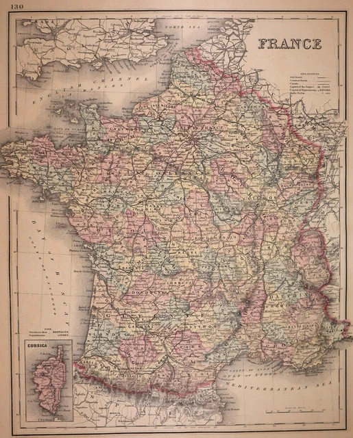 Authentic 1878 O.W. Gray Atlas Map ~ FRANCE ~ FreeS&H   Inv#173