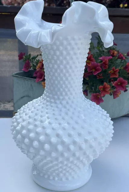 Vintage Fenton White Milk Glass Hobnail Vase Ruffled Crimped Edge 11"