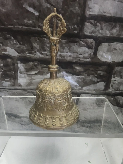 Vintage Heavy Ornate Decorative Brass Bell With Crown On Handle