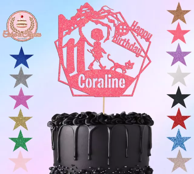 Coraline Halloween Glitter / Mirror cake topper, Personalised Name and Age 2