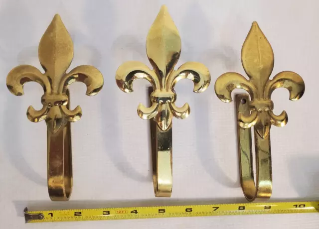 Lot of 3 Brass Fleur De Lis Coat Towel Hook Door Wall Mount Hangers Lilly Flower