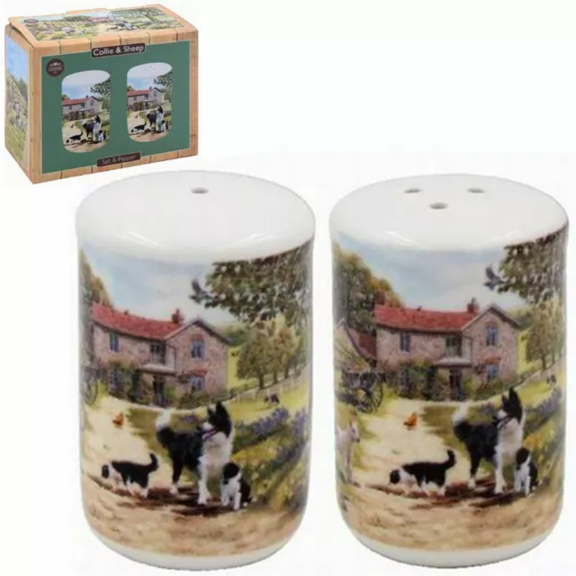 Farm Animals Salt & Pepper Shakers Collie & Sheep Farmyard Fine China Porcelain
