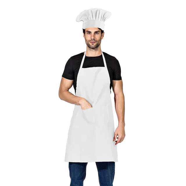 White Chef hat and Apron for Adults Men Women Cooking Grilling BBQ Drawstring