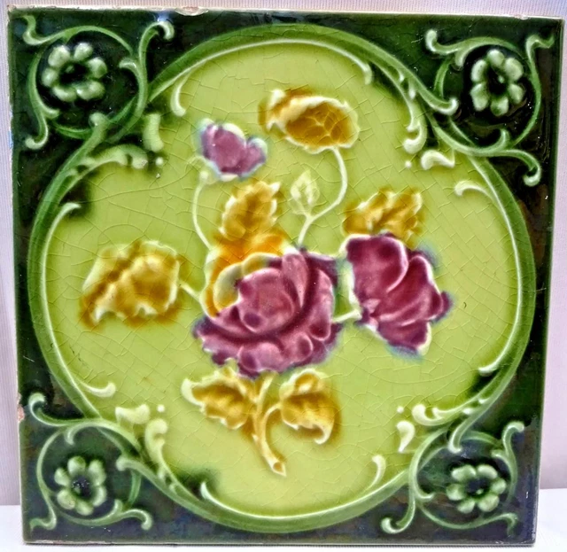 Antique Tile Majolica Rose Purple Art Nouveau England Floral Architecture "171
