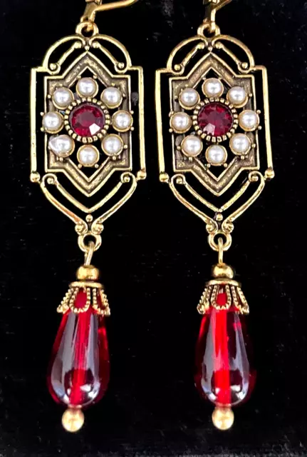 Art Deco Earrings Rhinestone Window Filigrees Red Czech Glass Drops
