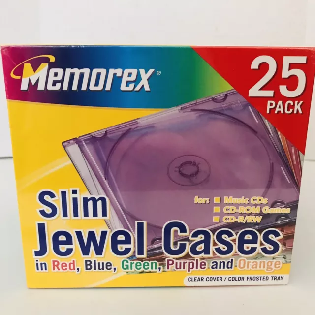 Memorex CD/DVD Slim Jewel Cases 25 Pack Assorted Colors New Sealed.