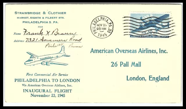 Philadelphia PA Strawbridge & Clothier Airmail Frank X Braun Envelope 1945 fdc39