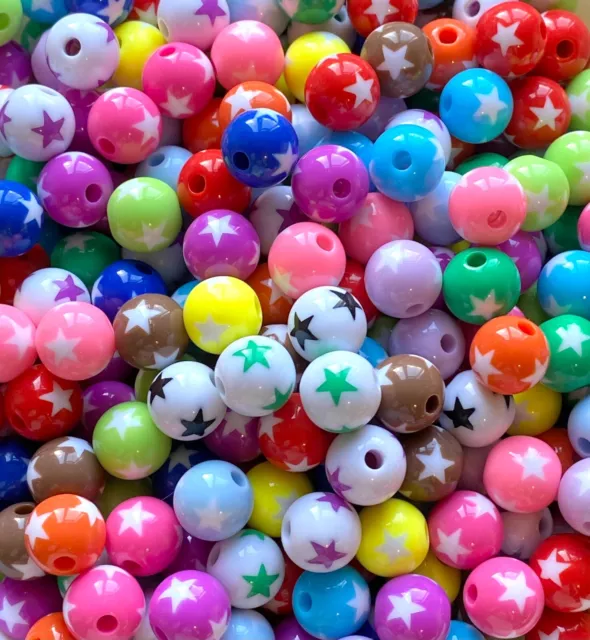 50 Mixed Colour Star Patterned Round Beads for Jewellery Making - 10mm