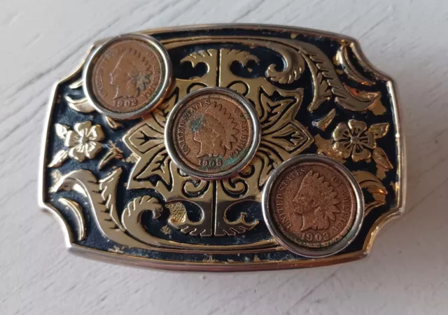 3 Indian Head Cent Belt Buckle 1902 and 1908 Penny Gold Black Color Floral