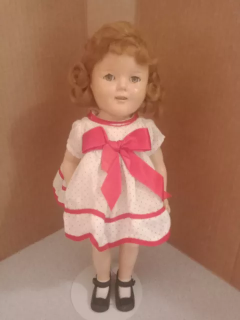 Antique Composition Shirley Temple Doll  16" Red/White Polka Dot Dress/Black...