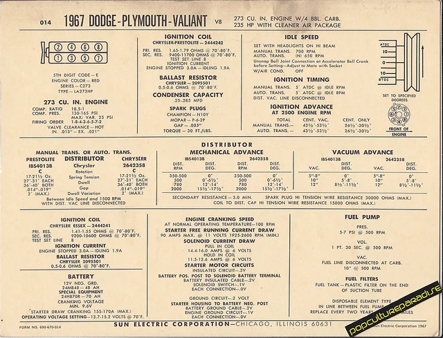 1967 DODGE PLYMOUTH VALIANT 273 ci/235 hp with Air Car SUN ELECTRONIC SPEC SHEET