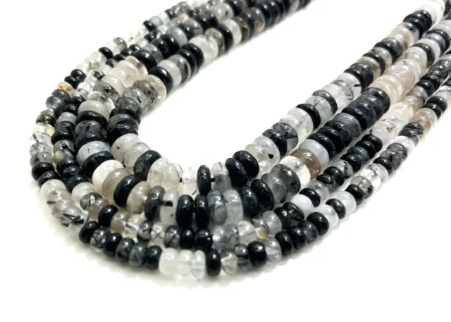 Natural Black Tourmaline Rutilated Quartz Smooth Rondelle Gemstone Beads RD34