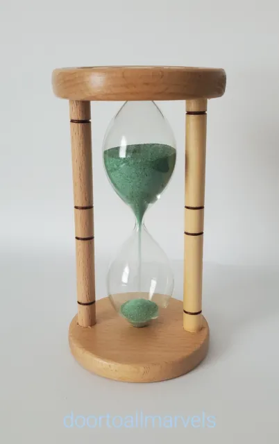 Vintage Romanian Hourglass Timer Handmade Wood and Glass 5.5"H Green Sand