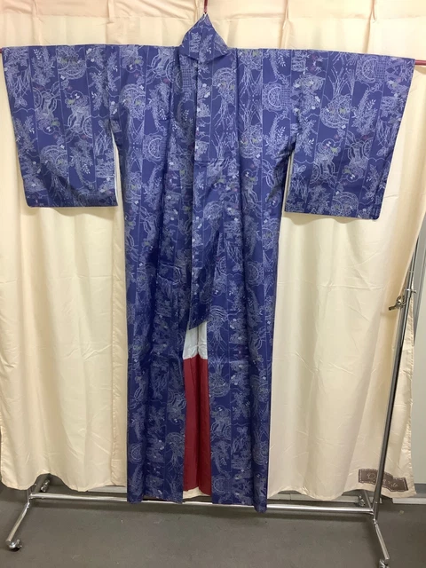 Japanese Vintage Kimono silk Oshima Tsumugi expensive blue length 63.77inch used