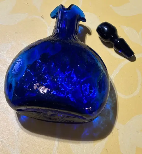 Vintage Pattern Molded Cobalt Blue Pocket Flask Bottle Glass Stopper