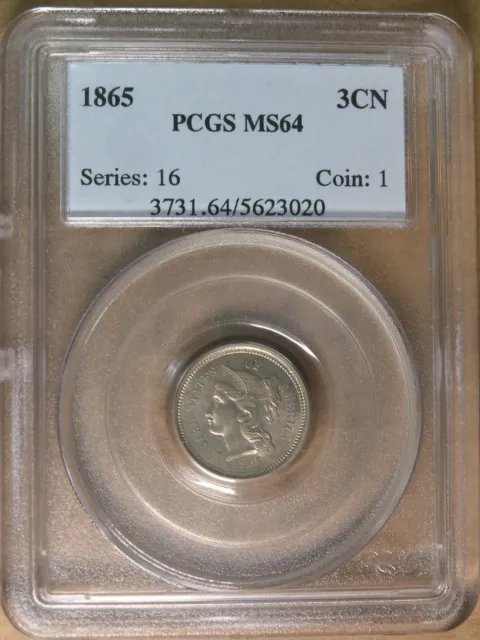 3CN 1865 Three Cent Piece  PCGS MS64 Old "Series" Holder * AvenueCoin