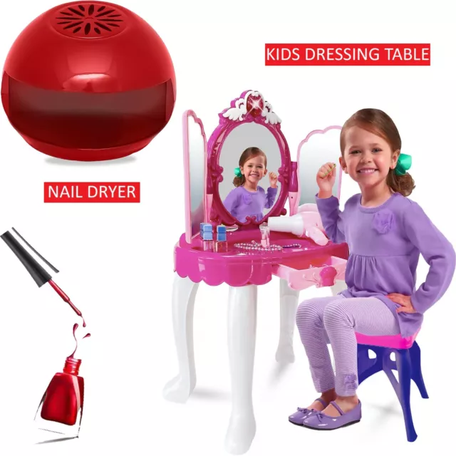 Juego de tocador para niños con espejo de taburete y secador de uñas niñas maquillaje mesa de tocador