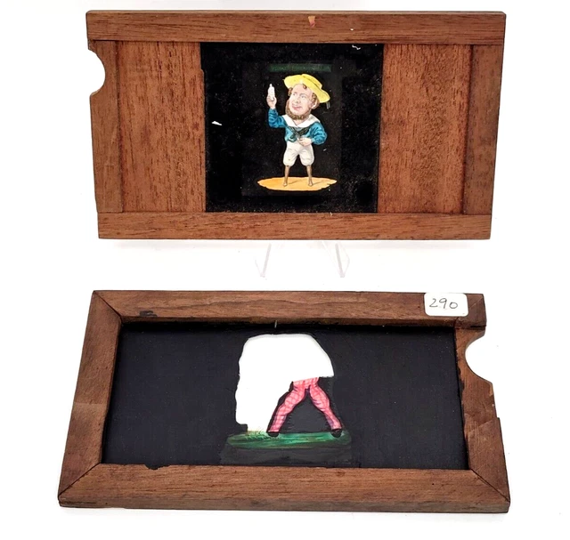 2 Antique Color Glass Magic Lantern SLIDING MECHANICAL SLIP SLIDEs -parts