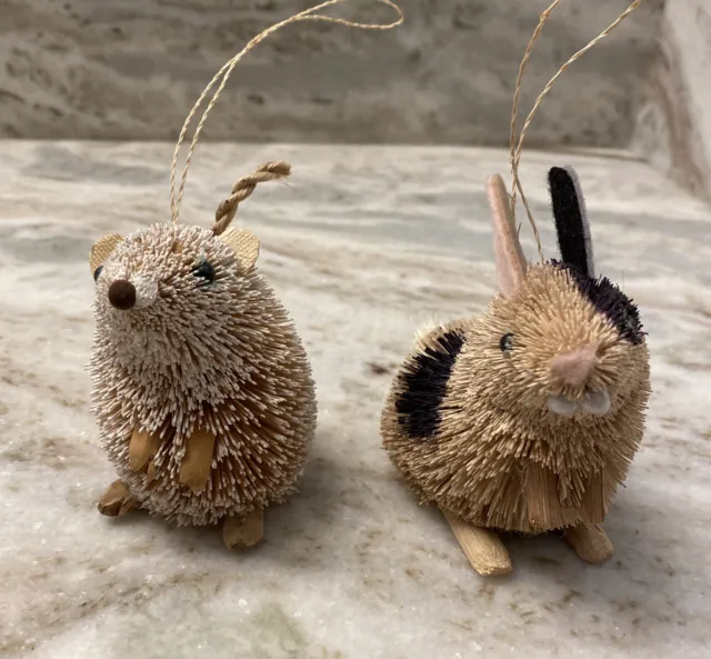 2 Christmas Ornament Mouse Rabbit Woodland Animals Brush Bristle Ornaments