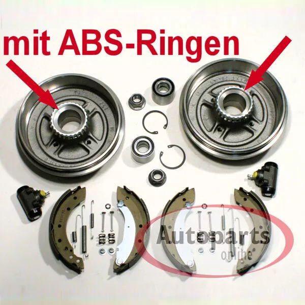 Bremstrommel Set 203 mm mit ABS Ringen Zubehör Satz hinten für Renault Clio II