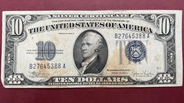 1934 C Ten Dollar Silver Certificate Note $10 Bill Blue Seal Circulated #58859