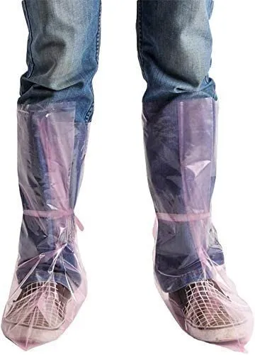 Pack of 100 Pink Polyethylene Disposable Boot Covers with Ties. One Size Shoe