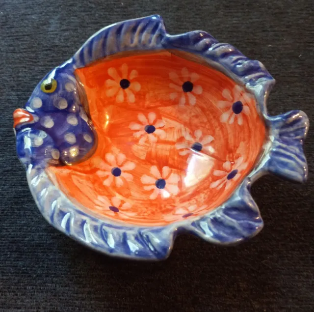Vtg Fish Shaped Dish Trinket Ring Ceramic Made In Italy Hand painted Red & Blue