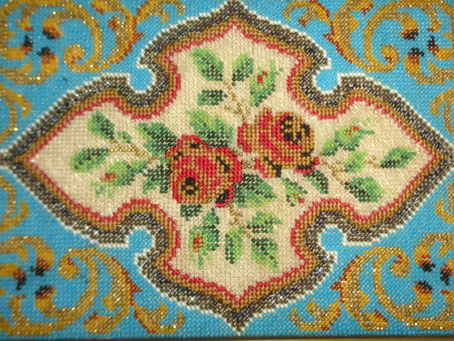 Bild mit Perlenstickerei um 1850 Bead work Glasperlen Frankreich 2