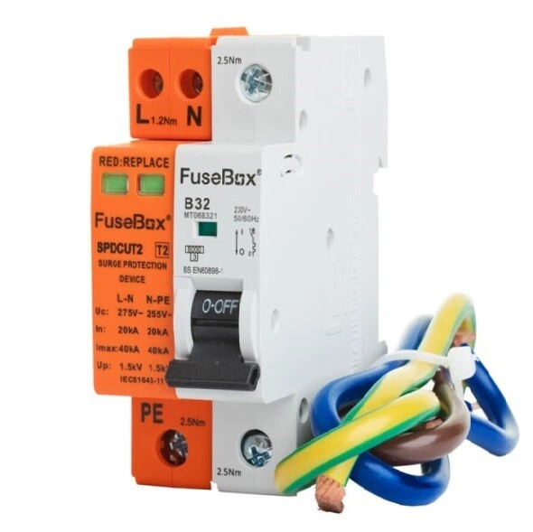 FUSEBOX SPDCUT2 SURGE Protection Device & 32A MCB Type 2 18th Edition £