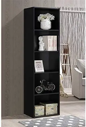 Hodedah 5-Shelf Wood Bookcase in Black, Space-Saving & Stylish Storage