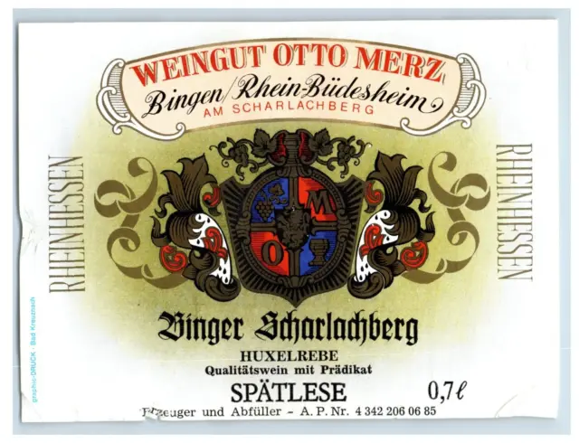 1970's-80's Binger Scharlachberg Spatlese German Wine Label Original S43E