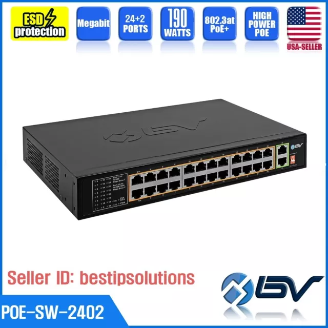 BV-Tech POE-SW2402 | 24 Port PoE+ Switch with 2 Gigabit Ethernet, Long Range
