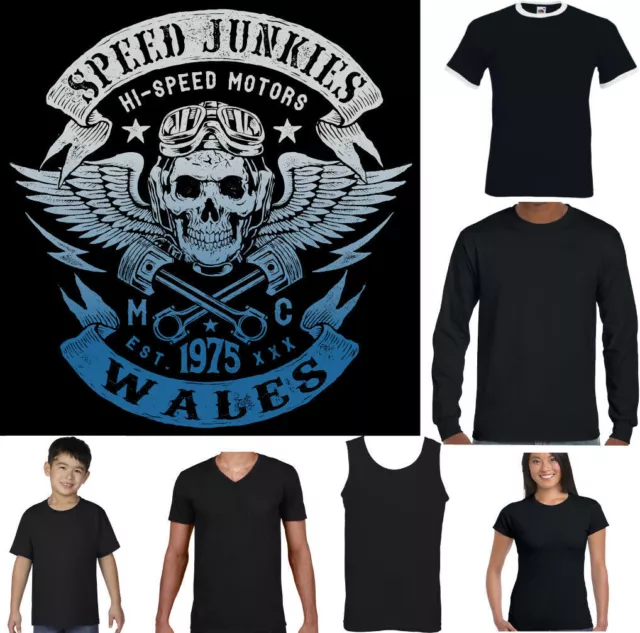 Biker T-Shirt Welsh Wales Mens Speed Junkies Motorbike Motorcycle Cafe Racer Top